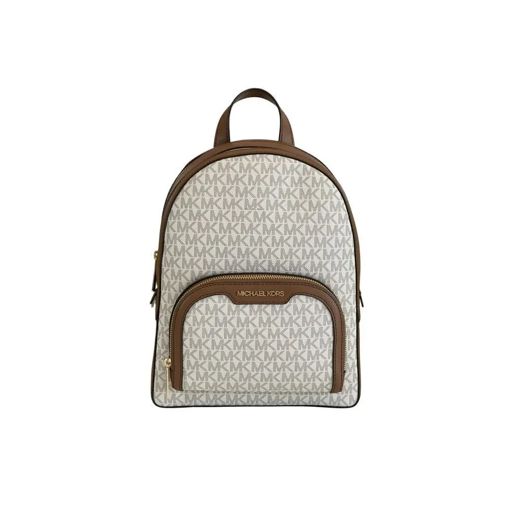 Michael Kors Jaycee Medium Zip Pocket Backpack Bag Tote Vanilla Logo Leather NWT